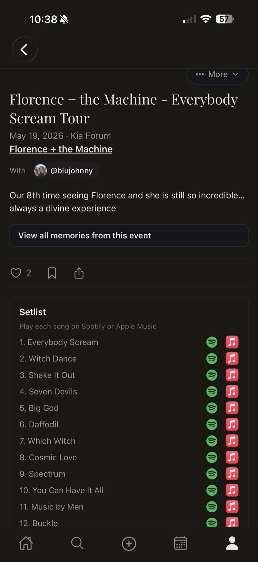 An Ovationly memory showing the full setlist for a Florence + the Machine concert, with each song playable on Spotify and Apple Music